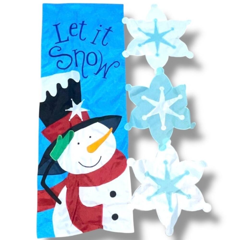 Let It Snow Snowman Winter Flag Holiday Wall Hanging Outdoor Decor Blue Vintage